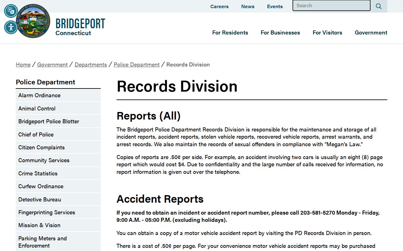 Bridgeport Police Records Division information