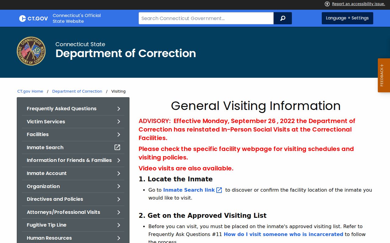 Bridgeport arrest custody DOC visiting information