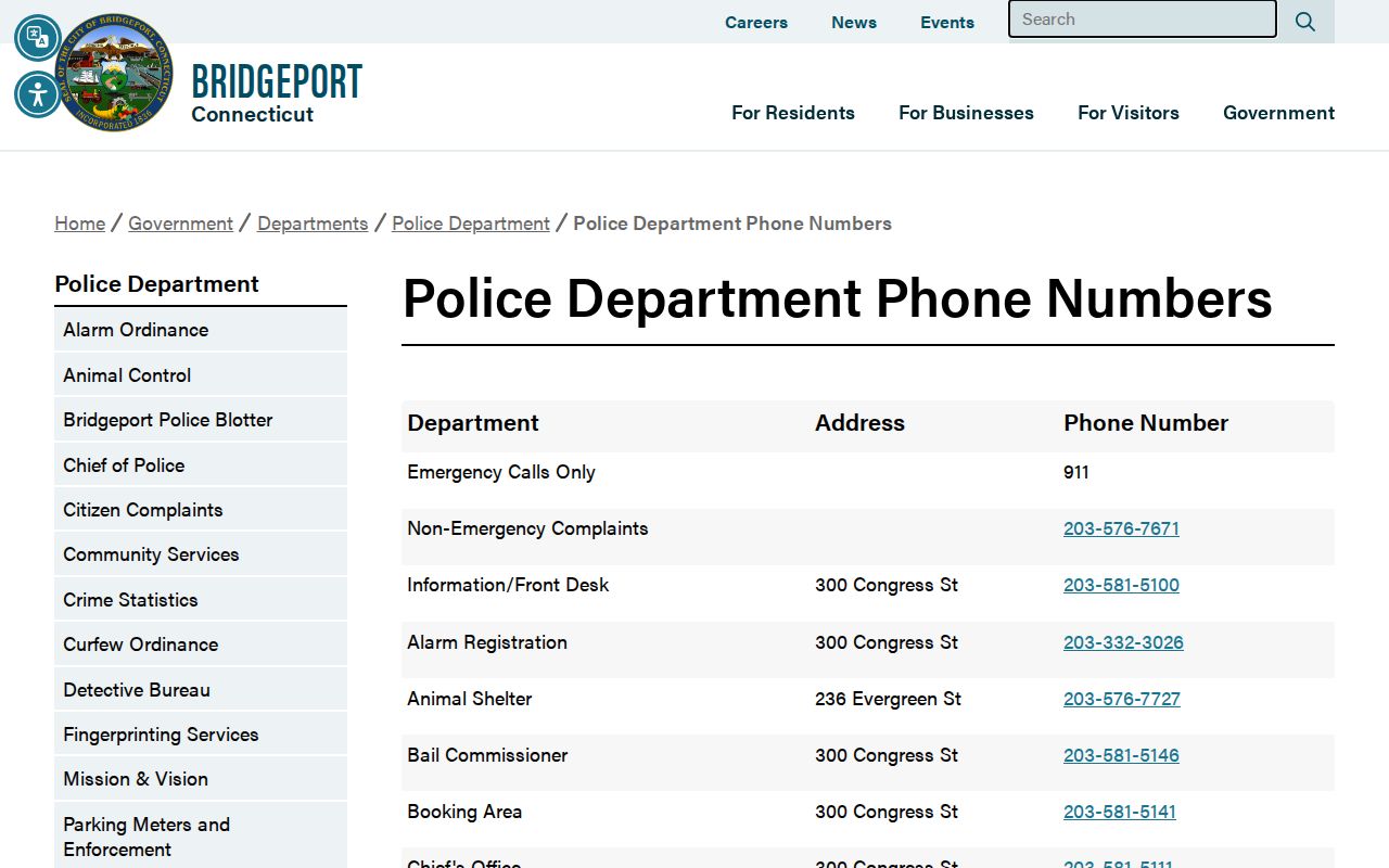 Bridgeport Police directory with records booking and fingerprint telephone lines