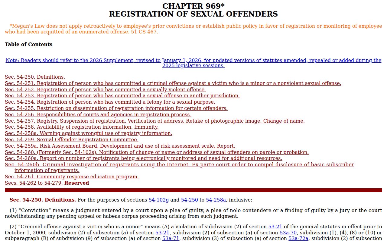 Connecticut General Statutes chapter governing Bridgeport sex offender registration